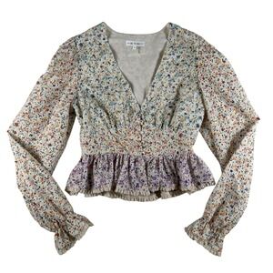 Free The Roses Blouse Womens XS Floral Lace Cropped Peplum Puff Long Sleeve Top